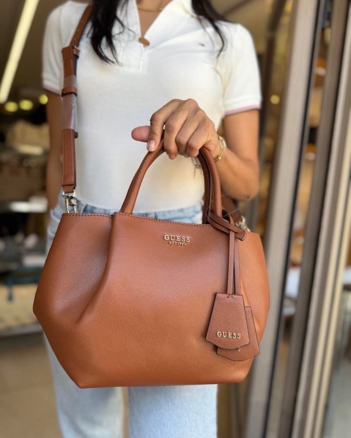 GUESS AMORETTE GIRLFRIEND SATCHEL BAG- COGNAC BROWN