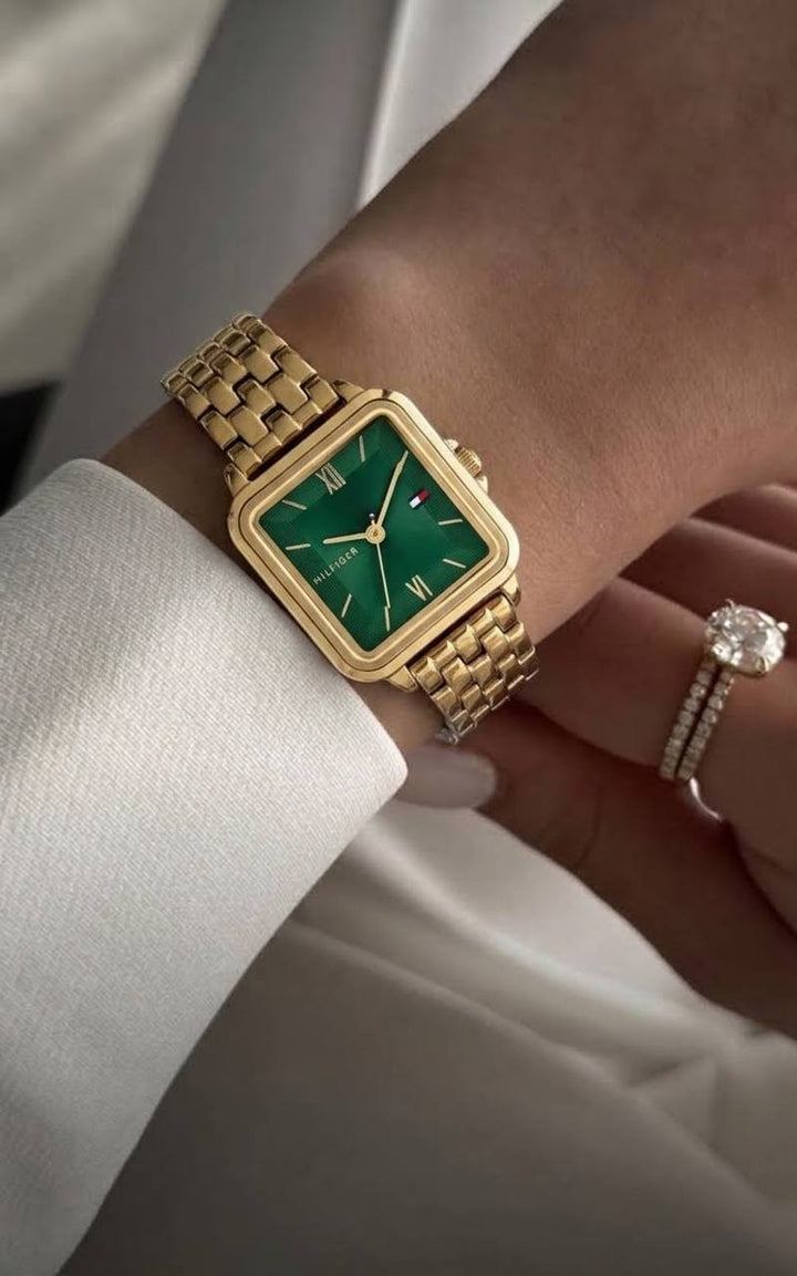 TOMMY HILFIGER GREEN DIAL&amp; GOLD STEEL WOMEN&