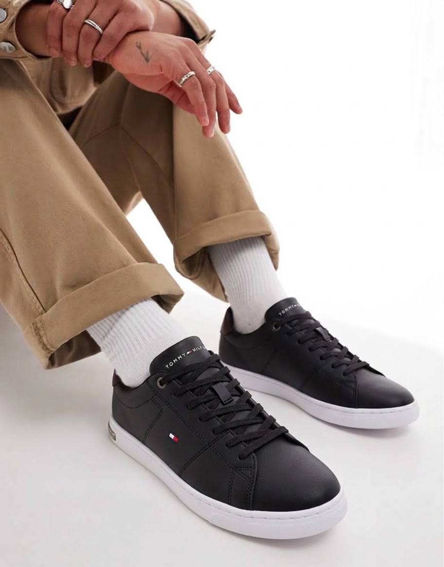 TOMMY HILFIGER ESSENTIAL LEATHER VULCANISED TRAINERS-BLACK