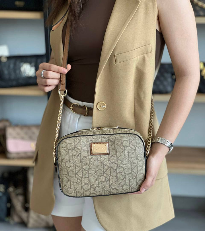 CALVIN KLEIN BEIGE MONOGRAM CROSSBODY BAG