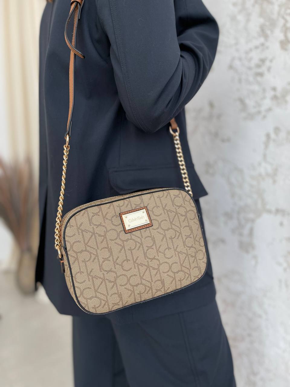 CALVIN KLEIN BEIGE MONOGRAM CROSSBODY BAG