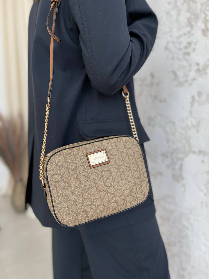 CALVIN KLEIN BEIGE MONOGRAM CROSSBODY BAG